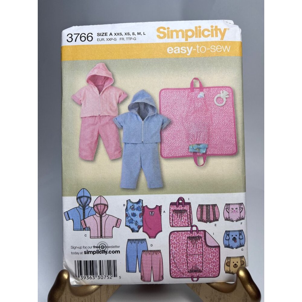 Vintage Simplicity 3766 Hoodie Bodysuit Pants Changing Pad Diaper Cover Sz XXS-L